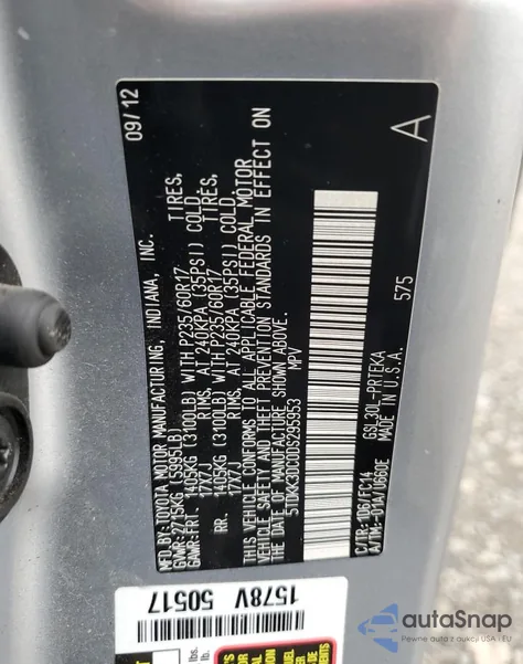 2013 Toyota Sienna Le z USA, uszkodzony, nr VIN 5TDKK3DC0DS295953